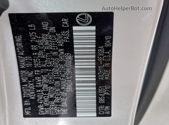 58ADA1C19MU002129 2021 LEXUS ES White Vista de la etiqueta del VIN