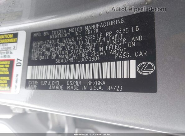 58ADZ1B11LU073804 2020 LEXUS ES 350 Серебряный Вид подкапотного пространства