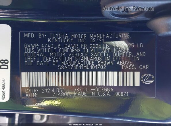 58ADZ1B11MU101702 2021 LEXUS ES 350 Черный Вид подкапотного пространства