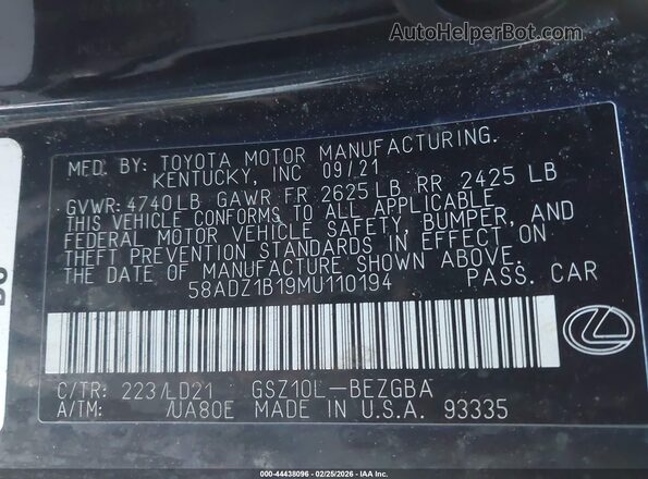58ADZ1B19MU110194 2021 LEXUS ES 350 Gray Engine compartment view