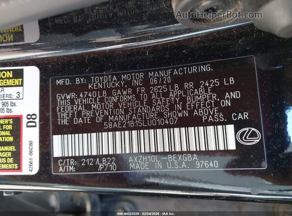 58AE21B15LU010407 2020 LEXUS ES 300H Черный Вид подкапотного пространства