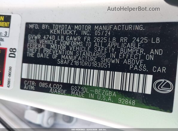 58AFZ1B10RU183051 2024 LEXUS ES 350 Белый Вид подкапотного пространства