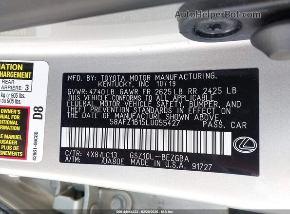 58AFZ1B15LU055427 2020 LEXUS ES 350 Gold Widok komory silnika