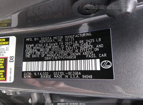 58AFZ1B17PU148858 2023 LEXUS ES 350 Gray Widok komory silnika
