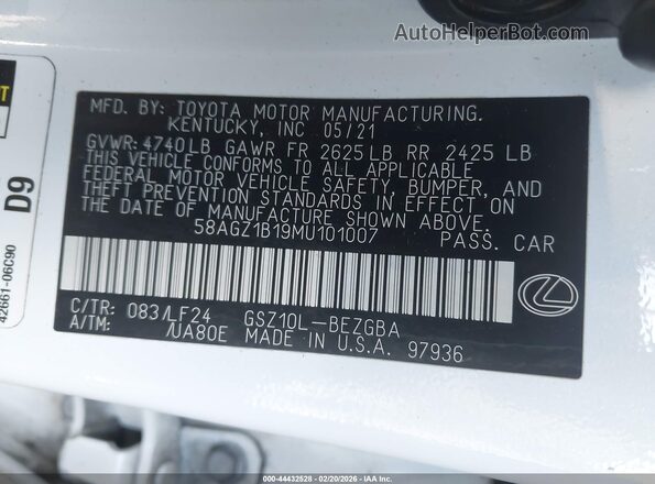 58AGZ1B19MU101007 2021 LEXUS ES 350 White Widok komory silnika
