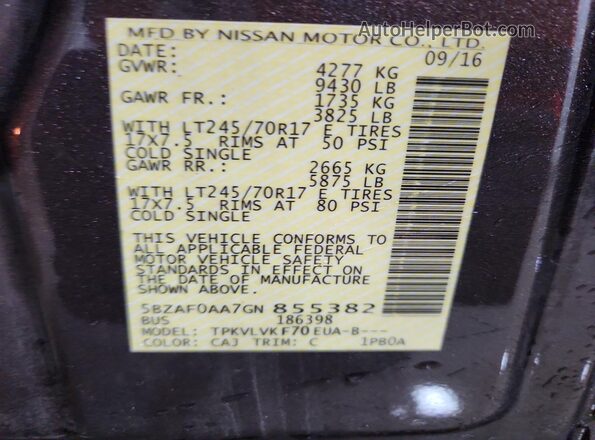 5BZAF0AA7GN855382 2016 NISSAN NV Gray Vista de la etiqueta del VIN