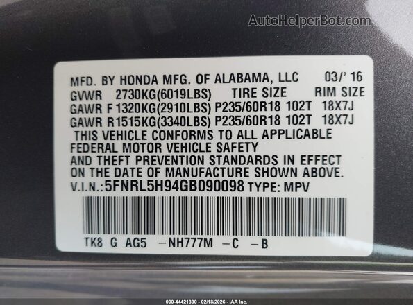 5FNRL5H94GB090098 2016 HONDA ODYSSEY Gray Vista del compartimento del motor
