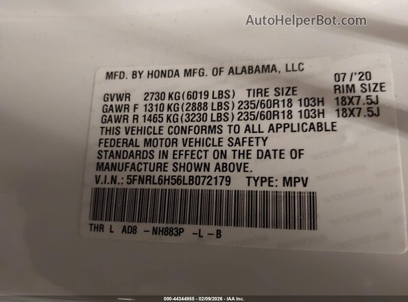 5FNRL6H56LB072179 2020 HONDA ODYSSEY White Widok komory silnika