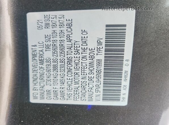 5FNRL6H56NB019968 2022 HONDA ODYSSEY Желто-коричневый Вид наклейки с VIN-кодом