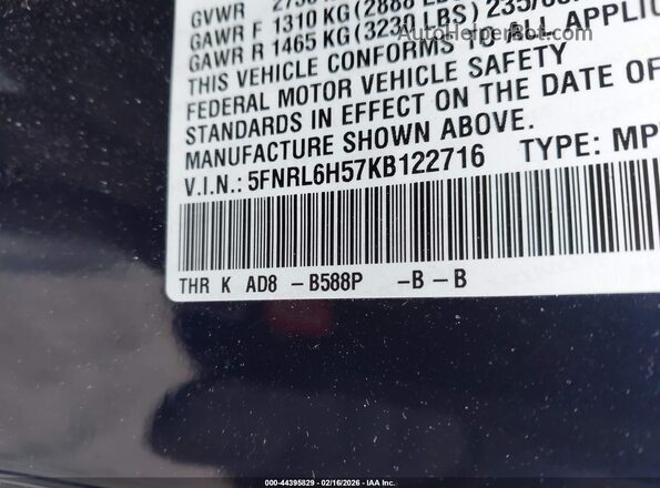 5FNRL6H57KB122716 2019 HONDA ODYSSEY Blue Widok komory silnika