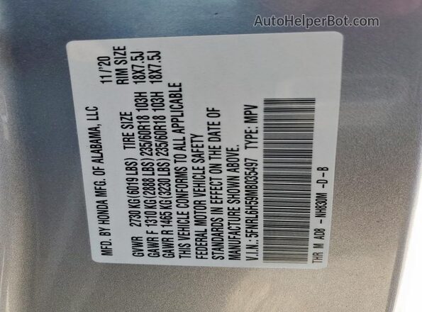 5FNRL6H59MB035497 2021 HONDA ODYSSEY Silver Widok wnętrza 360 stopni