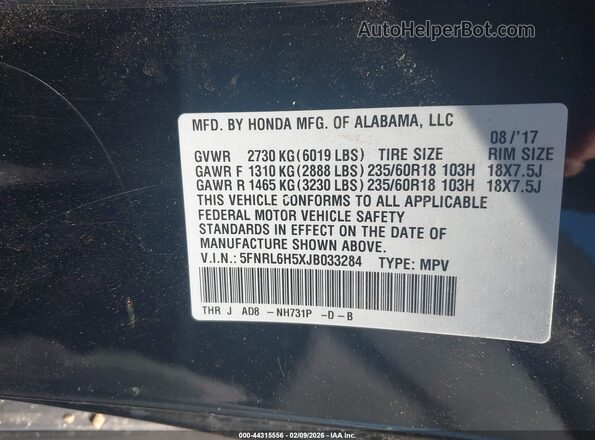 5FNRL6H5XJB033284 2018 HONDA ODYSSEY Black ძრავის განყოფილების ხედი
