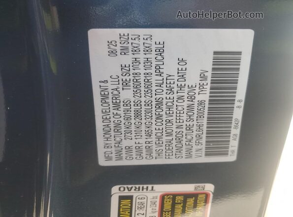 5FNRL6H61TB005286 2026 HONDA ODYSSEY Blue Vista del compartimento del motor