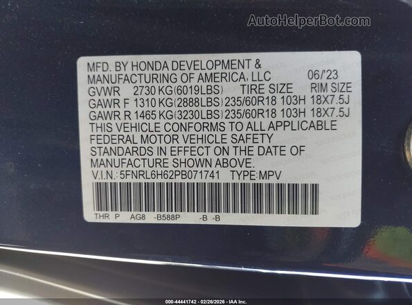 5FNRL6H62PB071741 2023 HONDA ODYSSEY Синий Вид подкапотного пространства