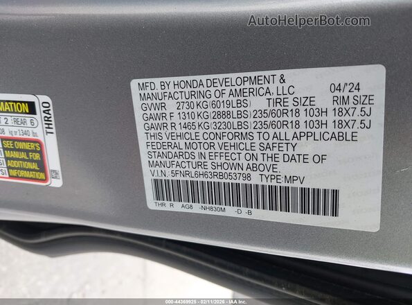 5FNRL6H63RB053798 2024 HONDA ODYSSEY Silver Vista del compartimento del motor