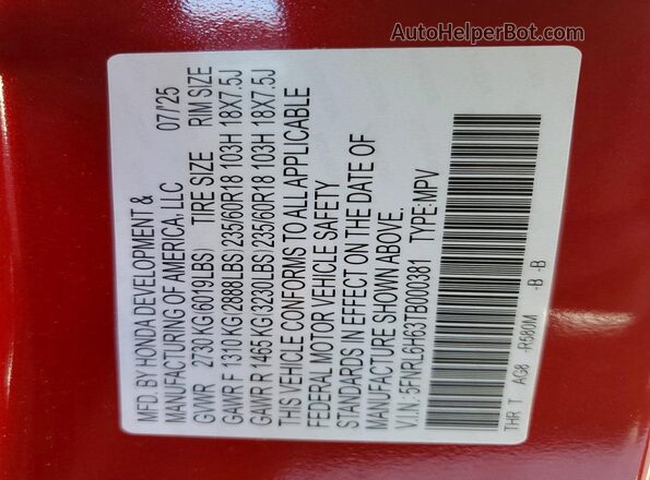 5FNRL6H63TB000381 2026 HONDA ODYSSEY Red Vista de la etiqueta del VIN