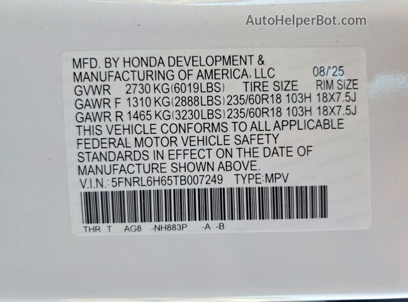 5FNRL6H65TB007249 2026 HONDA ODYSSEY White Vista de la etiqueta del VIN
