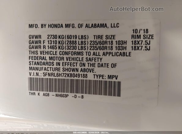 5FNRL6H72KB049188 2019 HONDA ODYSSEY Белый Вид подкапотного пространства
