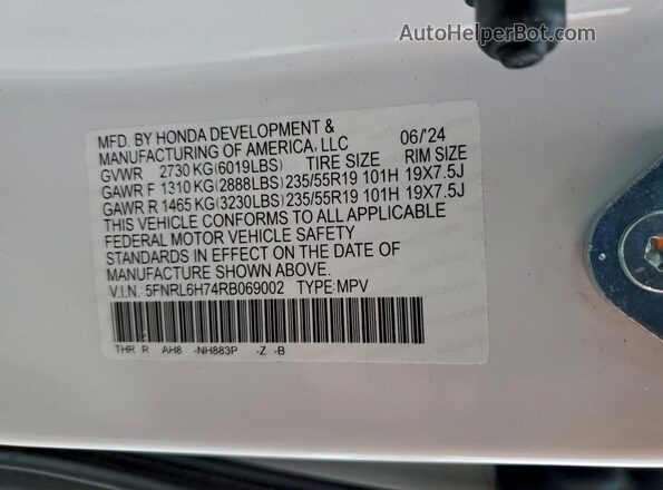 5FNRL6H74RB069002 2024 HONDA ODYSSEY White Widok wnętrza 360 stopni