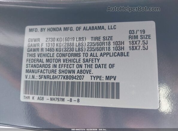 5FNRL6H77KB094207 2019 HONDA ODYSSEY Gray Vista del compartimento del motor