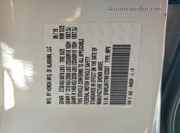 5FNRL6H77KB122037 2019 HONDA ODYSSEY White VIN კოდის სტიკერის ხედი