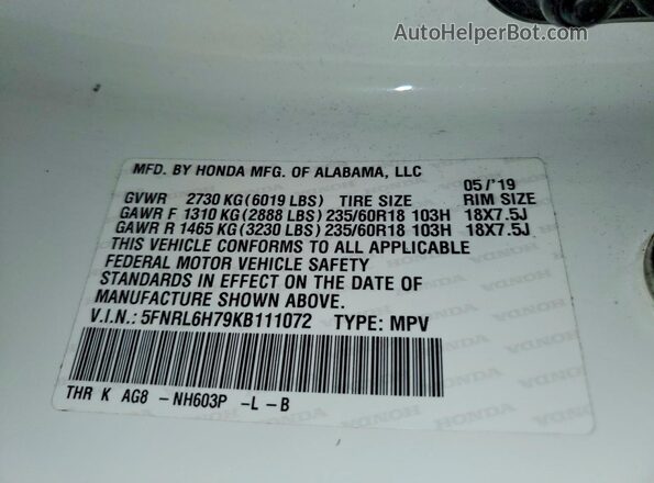 5FNRL6H79KB111072 2019 HONDA ODYSSEY White Widok wnętrza 360 stopni