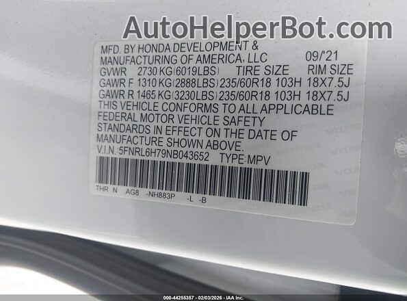5FNRL6H79NB043652 2022 HONDA ODYSSEY Белый Вид подкапотного пространства