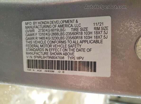 5FNRL6H79NB047698 2022 HONDA ODYSSEY Silver Панорамний вид салону 360°