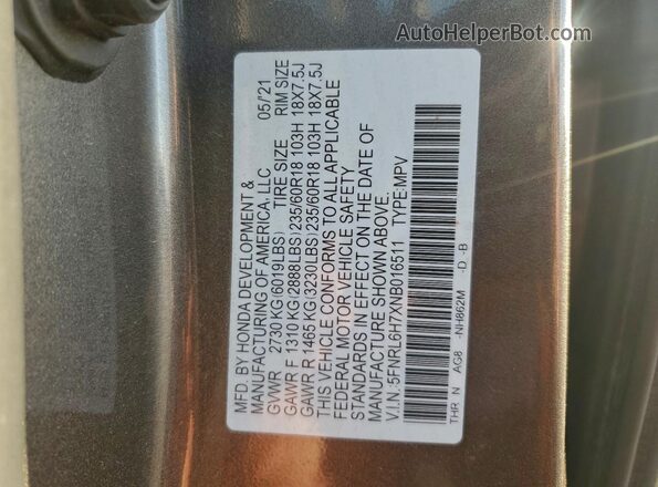 5FNRL6H7XNB016511 2022 HONDA ODYSSEY Серый Вид наклейки с VIN-кодом