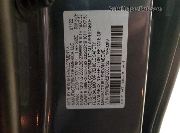 5FNRL6H82PB005725 2023 HONDA ODYSSEY Charcoal Вид наклейки з VIN-кодом