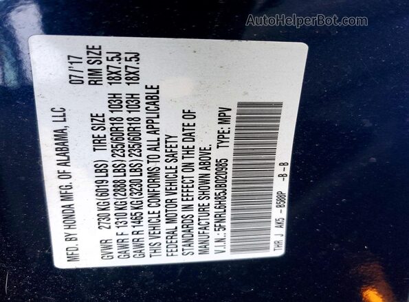 5FNRL6H85JB020985 2018 HONDA ODYSSEY Blue Панорамний вид салону 360°