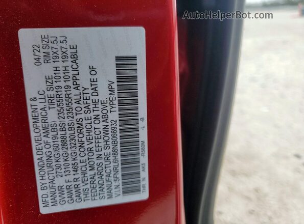 5FNRL6H88NB066932 2022 HONDA ODYSSEY Красный Вид наклейки с VIN-кодом