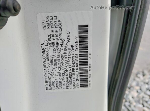 5FNRL6H89NB043403 2022 HONDA ODYSSEY Белый Панорамный вид салона 360°