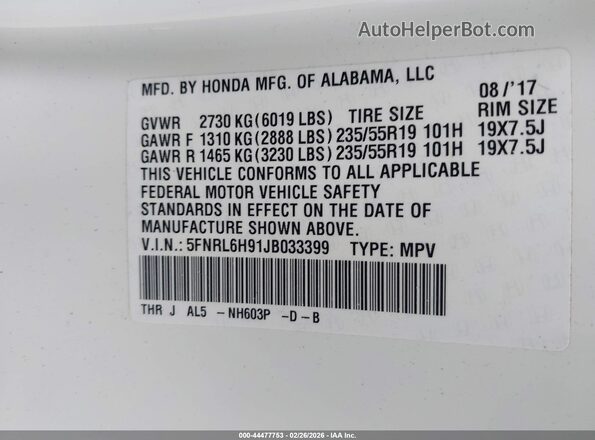 5FNRL6H91JB033399 2018 HONDA ODYSSEY White Vista del compartimento del motor