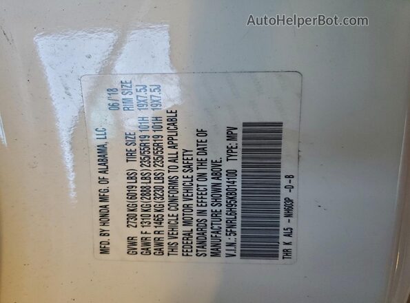 5FNRL6H95KB014100 2019 HONDA ODYSSEY White Widok naklejki z numerem VIN