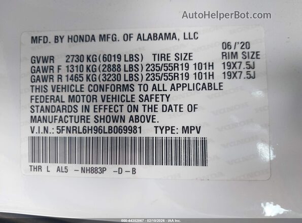 5FNRL6H96LB069981 2020 HONDA ODYSSEY Белый Вид подкапотного пространства