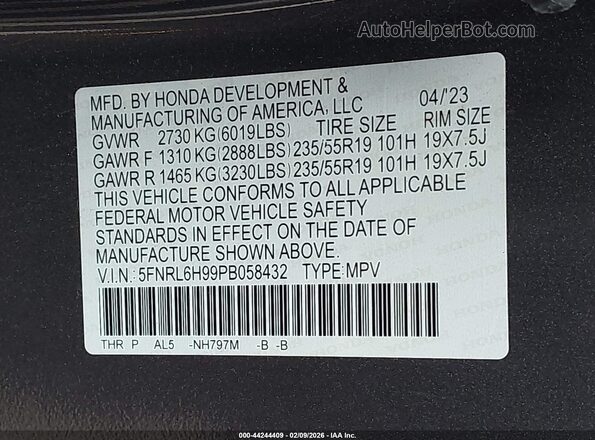 5FNRL6H99PB058432 2023 HONDA ODYSSEY Gray Շարժիչի բաժամունքի տեսք
