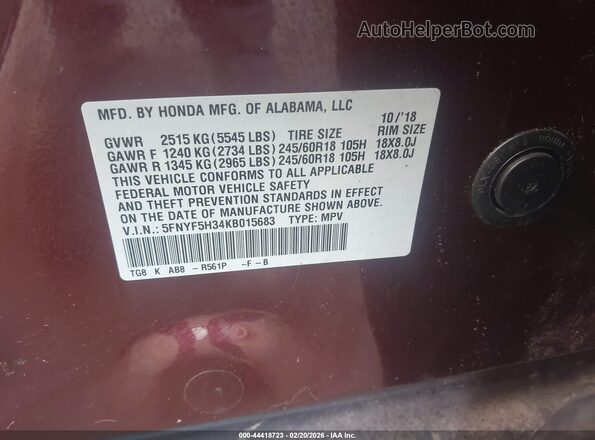 5FNYF5H34KB015683 2019 HONDA PILOT Темно-бордовый Вид подкапотного пространства