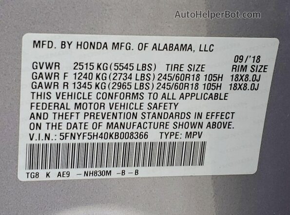 5FNYF5H40KB008366 2019 HONDA PILOT Серый Вид наклейки с VIN-кодом