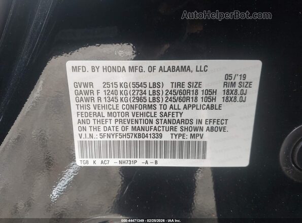 5FNYF5H57KB041339 2019 HONDA PILOT Черный Вид подкапотного пространства