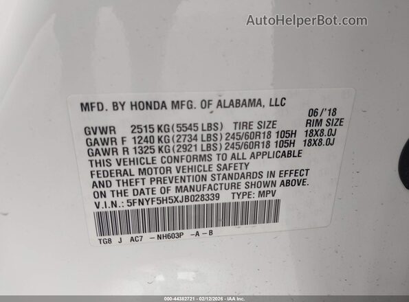 5FNYF5H5XJB028339 2018 HONDA PILOT Белый Вид подкапотного пространства