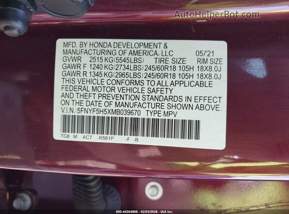 5FNYF5H5XMB039670 2021 HONDA PILOT Красный Вид подкапотного пространства