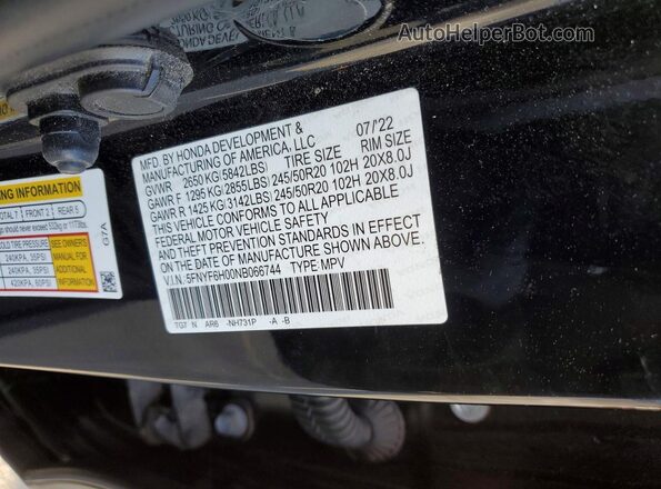 5FNYF6H00NB066744 2022 HONDA PILOT Черный Панорамный вид салона 360°