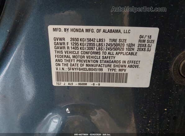 5FNYF6H03JB045199 2018 HONDA PILOT Blue Вид підкапотного простору