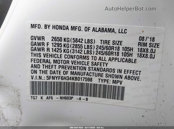 5FNYF6H34KB017598 2019 HONDA PILOT Белый Вид подкапотного пространства