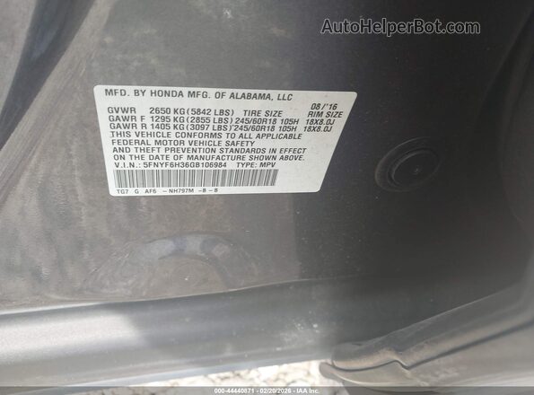 5FNYF6H36GB106984 2016 HONDA PILOT Серый Вид подкапотного пространства