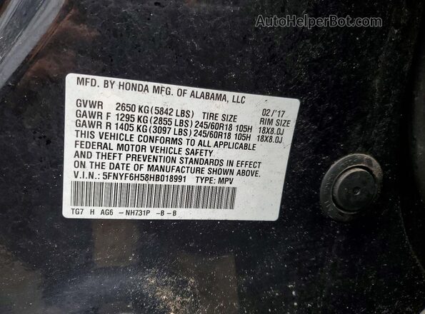 5FNYF6H58HB018991 2017 HONDA PILOT Черный Панорамный вид салона 360°