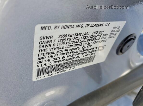 5FNYF6H58KB065476 2019 HONDA PILOT Серебряный Вид наклейки с VIN-кодом