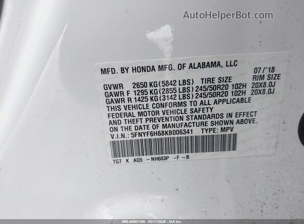 5FNYF6H68KB006341 2019 HONDA PILOT White Вид підкапотного простору