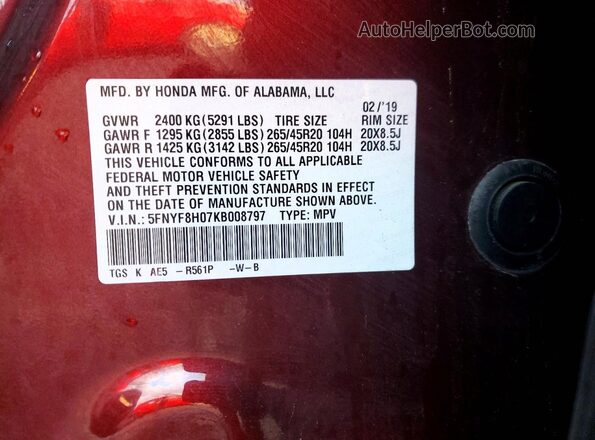 5FNYF8H07KB008797 2019 HONDA PASSPORT Бордовый Вид наклейки с VIN-кодом